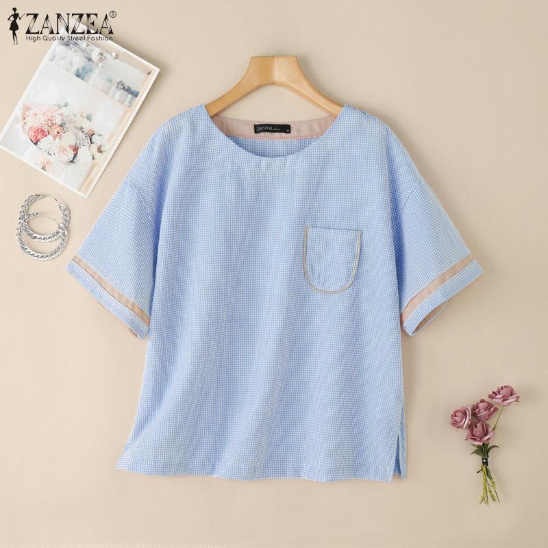 ZANZEA Women Summer Round Neck Casual Grid Print Short Sleeve Blouse