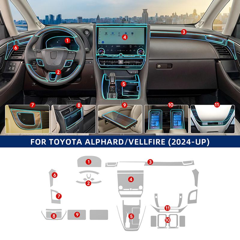 Внутренняя пленка из ТПУ для Toyota Alphard Vellfire 2024 Наклейки на автомобиль Панель центральной консоли Экран приборной панели Панель переключения передач Дверные окна Декаль