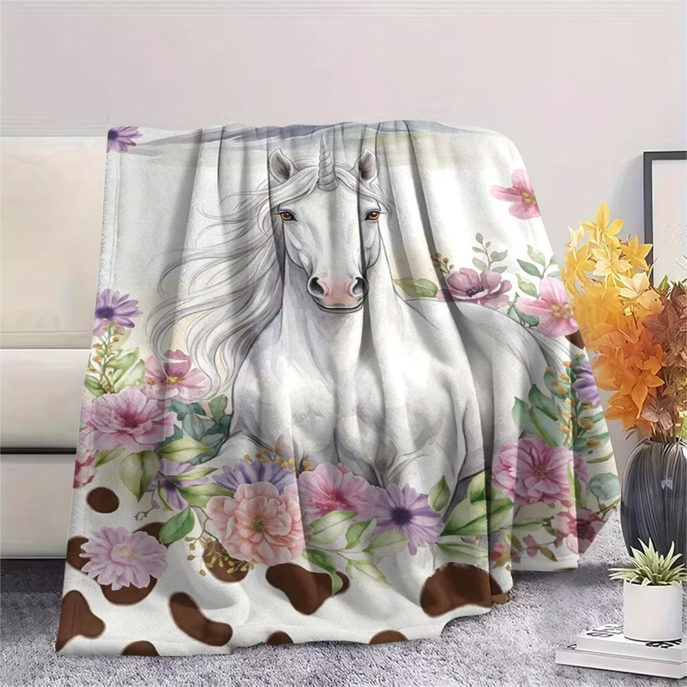 1PC Floral Cow Animals Print FlAannel Blanket, High quality Comfortable for All Seasons, Home Decor, Warmth and Comfort