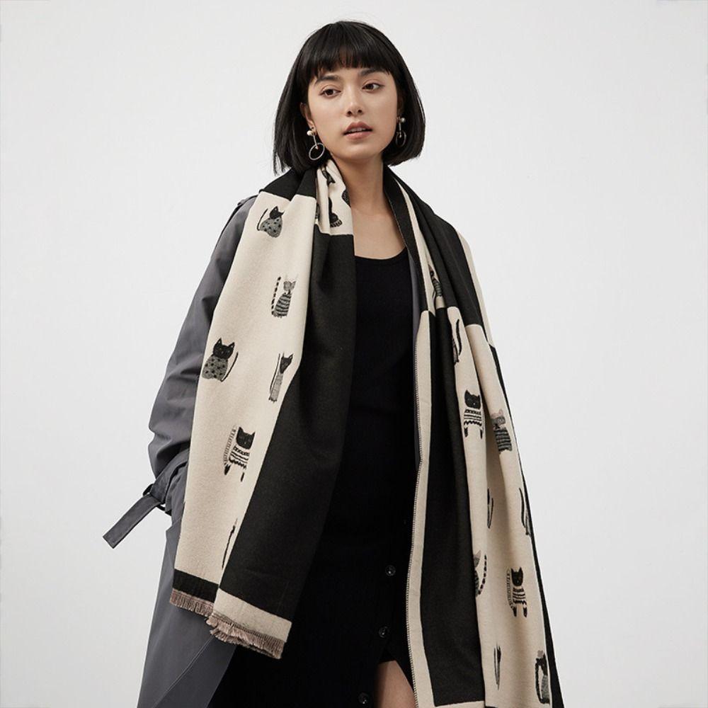 Korean Style Cat Knitted Scarf Lightweight Cashmere Shawl Trendy Kitty Jacquard Weave Scarf Unisex