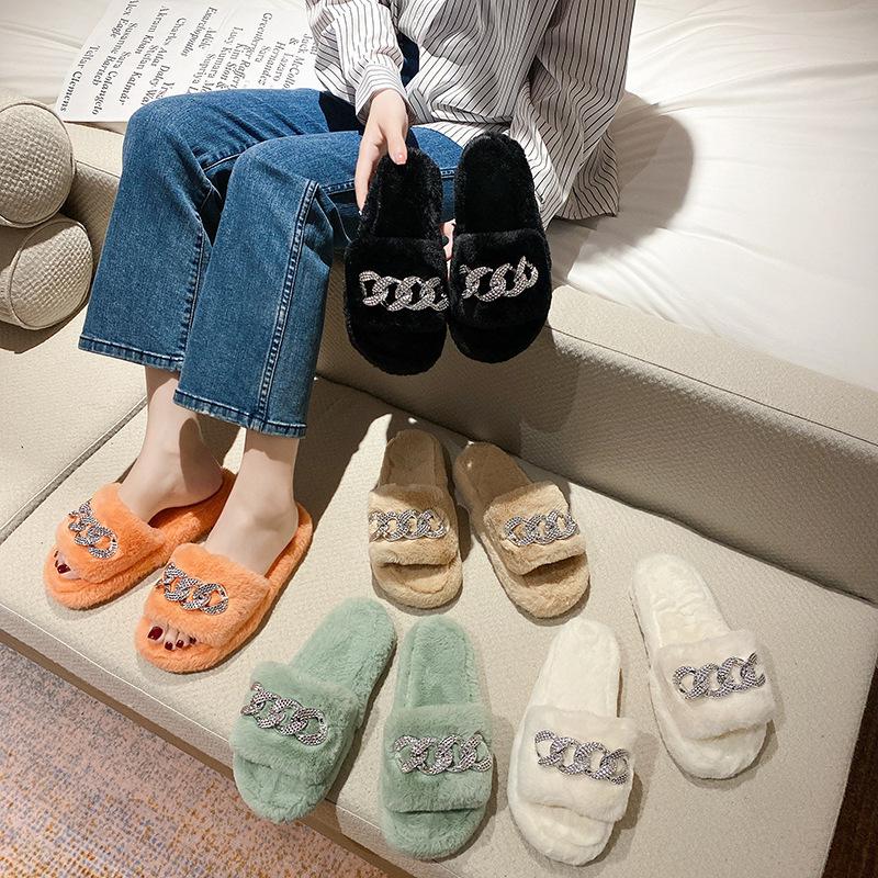 Cute Warm Fluffy Slippers Women Cozy Faux Fur Cross Indoor Floor Slides Flat Soft Furry Shoes Ladies Female Celebrities