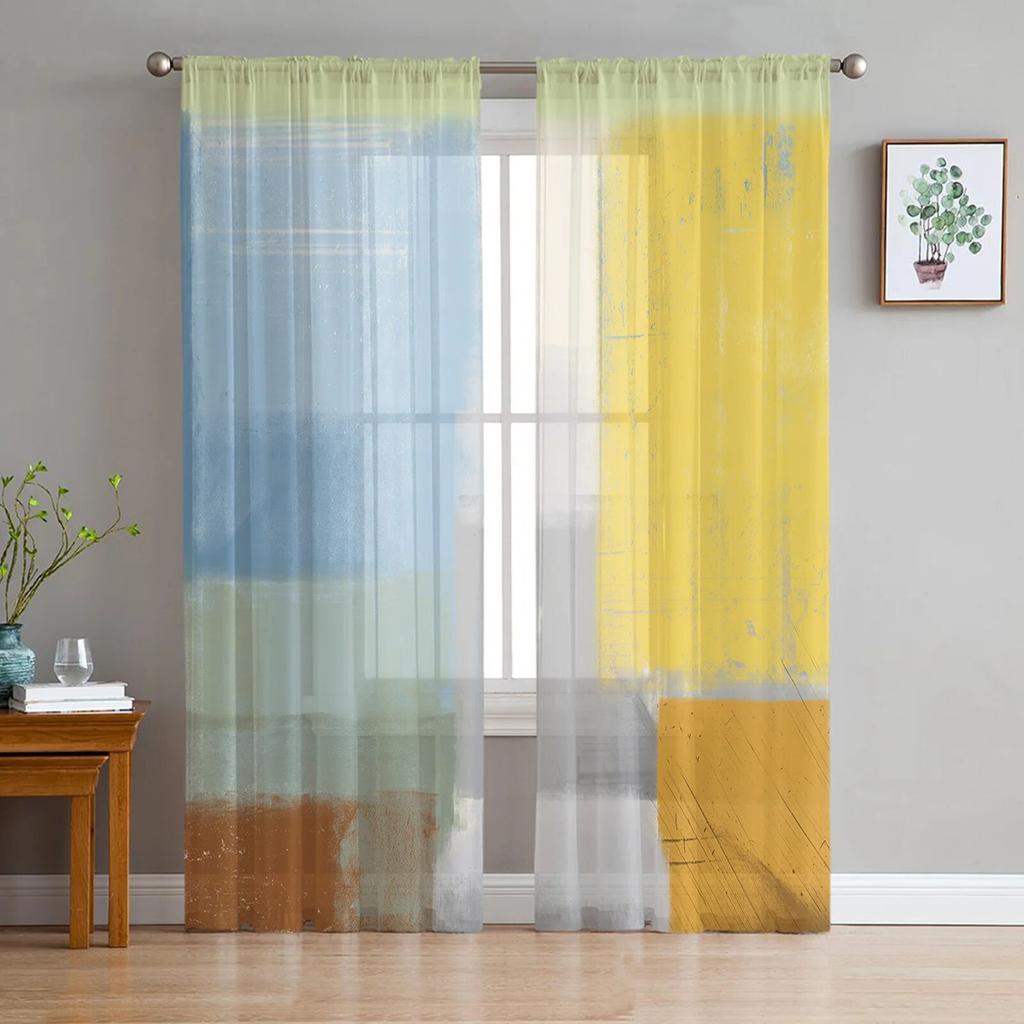 Luxury Tulle Curtains Color Painting Modern Living Room Kitchen Chiffon Curtain Youth Bedroom Sheer Floor Valance Curtain