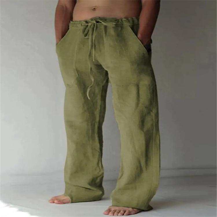 Мужские повседневные брюки, новые однотонные спортивные брюки из хлопка и льна, свободные повседневные брюки с завязками и несколькими карманами