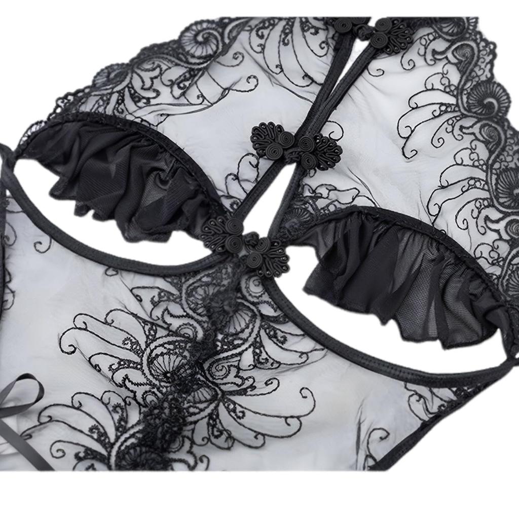 OLYOLY Color Sexy Cosplay Underwear Super High Leg Leotard Brazilian Open Bust Open Crotch Perforated See Through Lace Babydoll Lingerie Black White