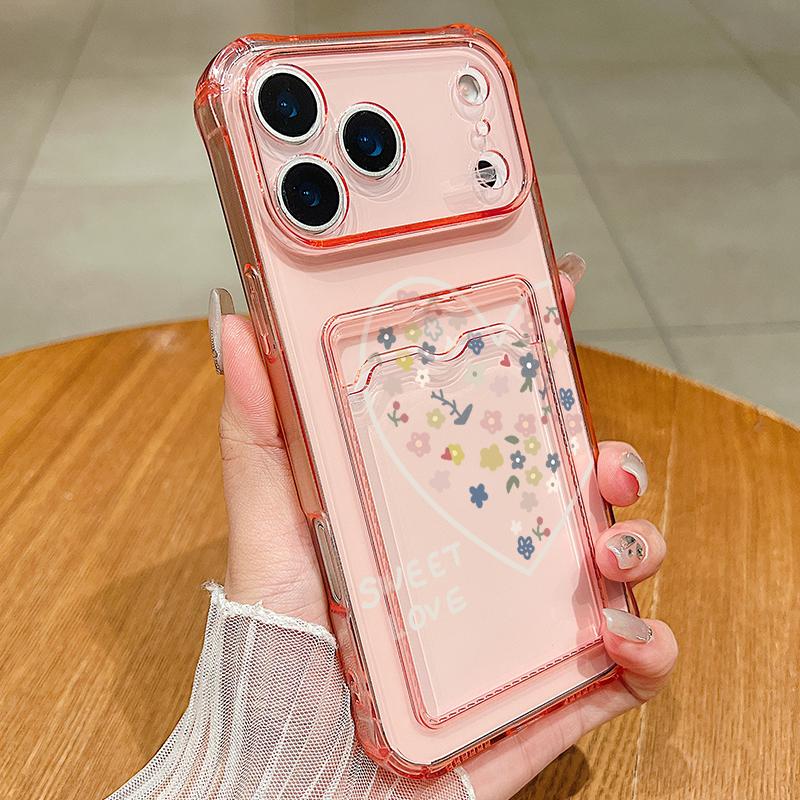Чехол-кошелек с карманом для карт из ТПУ для iPhone 17 Pro Air 16e 16 15 14 13 Pro Max 12 11, цветной, с узором в виде сердечек, мягкая задняя крышка