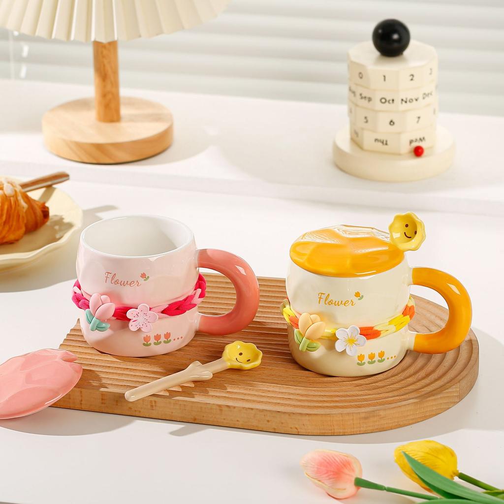 Tulip Mug with Lid Spoon High End Sense of Girls' Flowers Ceramic Cup High Looking Cute Ins Household Water Cup
