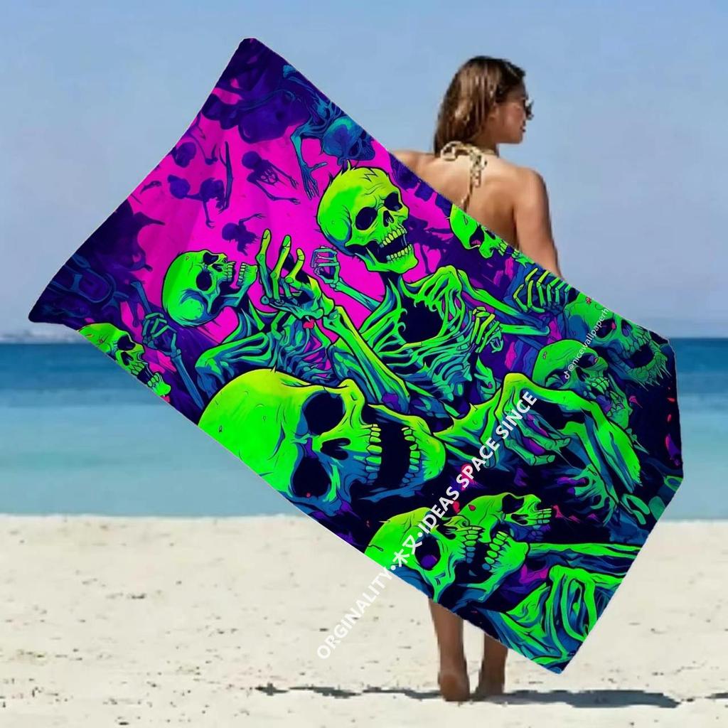 Neon Skeleton Skull Beach Towel Patterned Sunscreen And Windproof Suitable For Swimming Pool Camping Travel