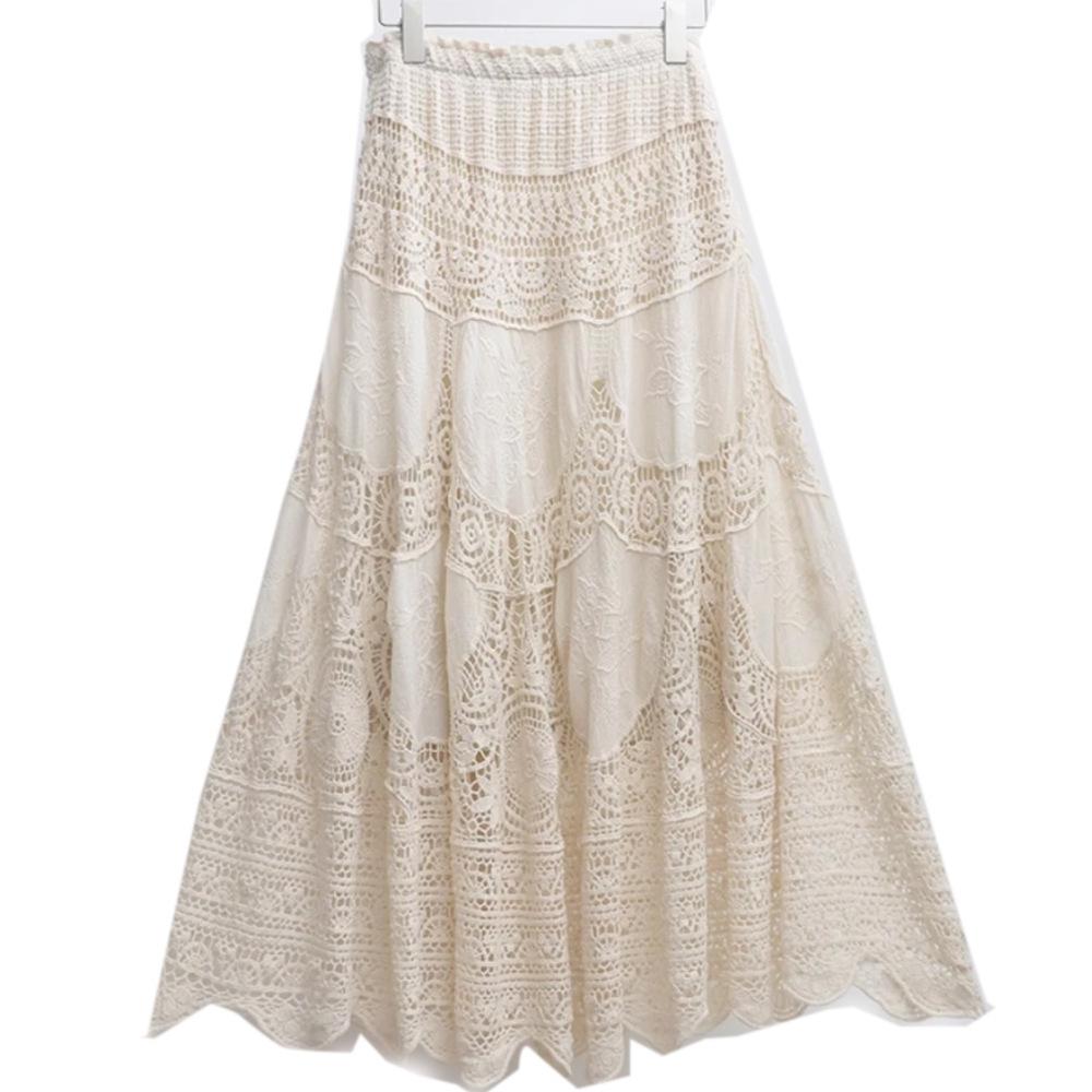 Dimanaf 2025 Новая праздничная юбка женская вязаная кружевная длинная однотонная ажурная летняя модель свободного базового платья