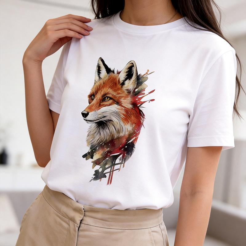 Summer Crew Neck Short Sleeve Women Tshirt with A Fox Pattern Print Fashion Yk Tshirt Funny Casual Daily Soft Women Clothes