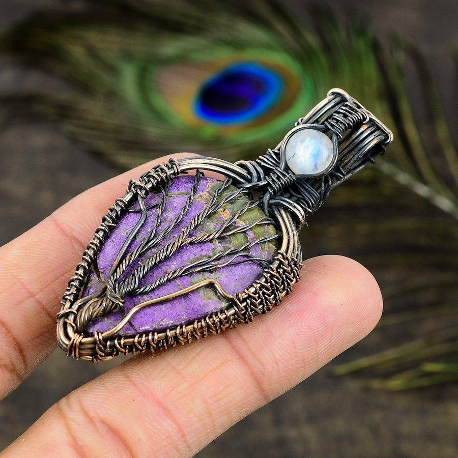 Natural Purpurite, Moonstone Gemstone Copper Wire Wrap Pendant 2.68" B6L90