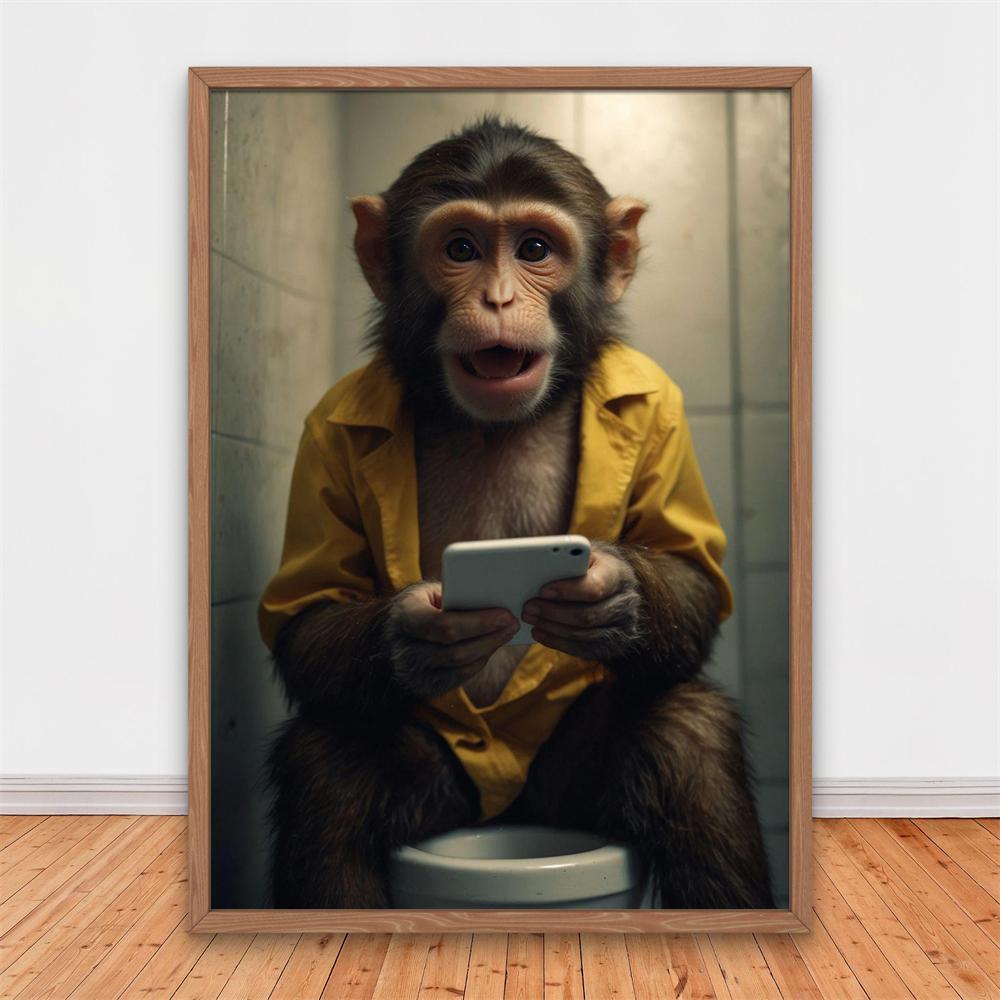 Funny Monkey on Toilet Wall Art Poster Surprised Chimp with Phone Print Canvas Painting Jungle Bathroom Decor Toilet Wall Decor