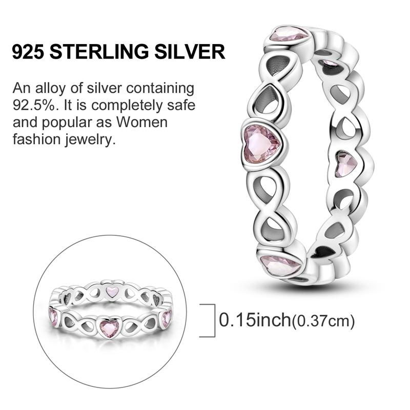Original Women Silver Rings Sparking Pink Heart Zirconium Ring for Women Girls Engagement Jewelry Anniversary Gift