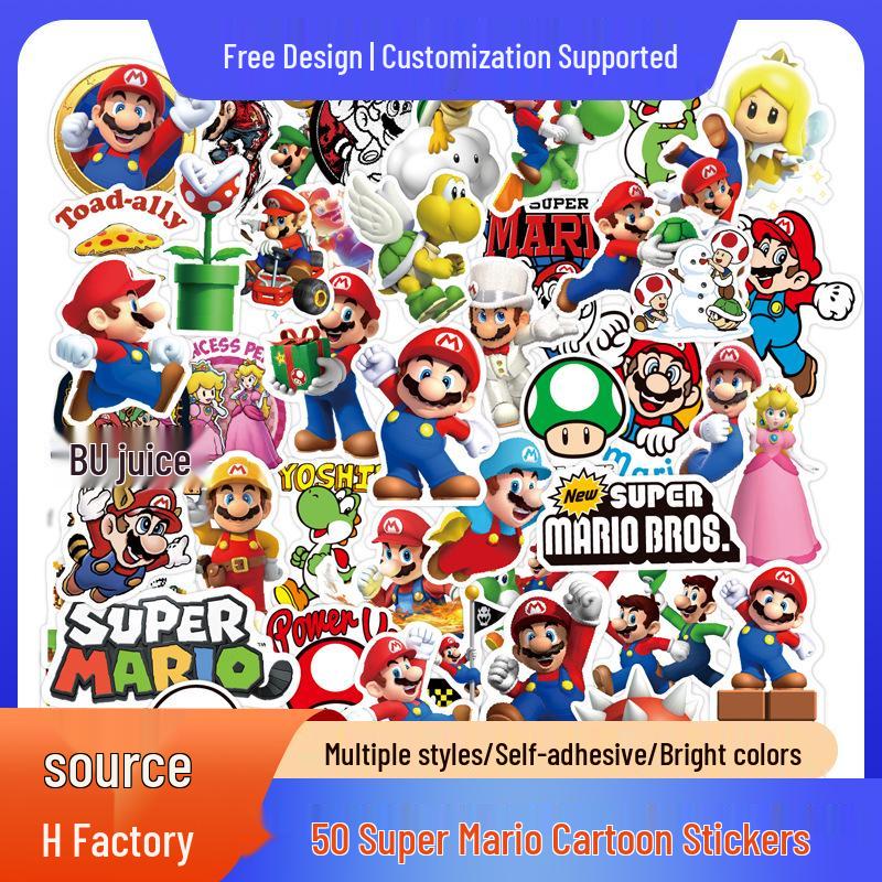 50 мультяшных наклеек Super Mario для чемодана, ноутбука, гитары - Водонепроницаемые декали