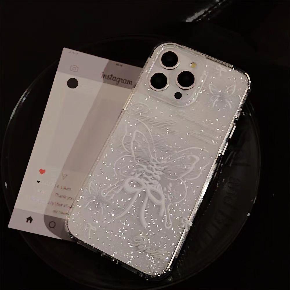 ins white line butterfly for iPhone17/16 mobile phone case Apple 15 glitter 13 beautiful 12 soft case 14