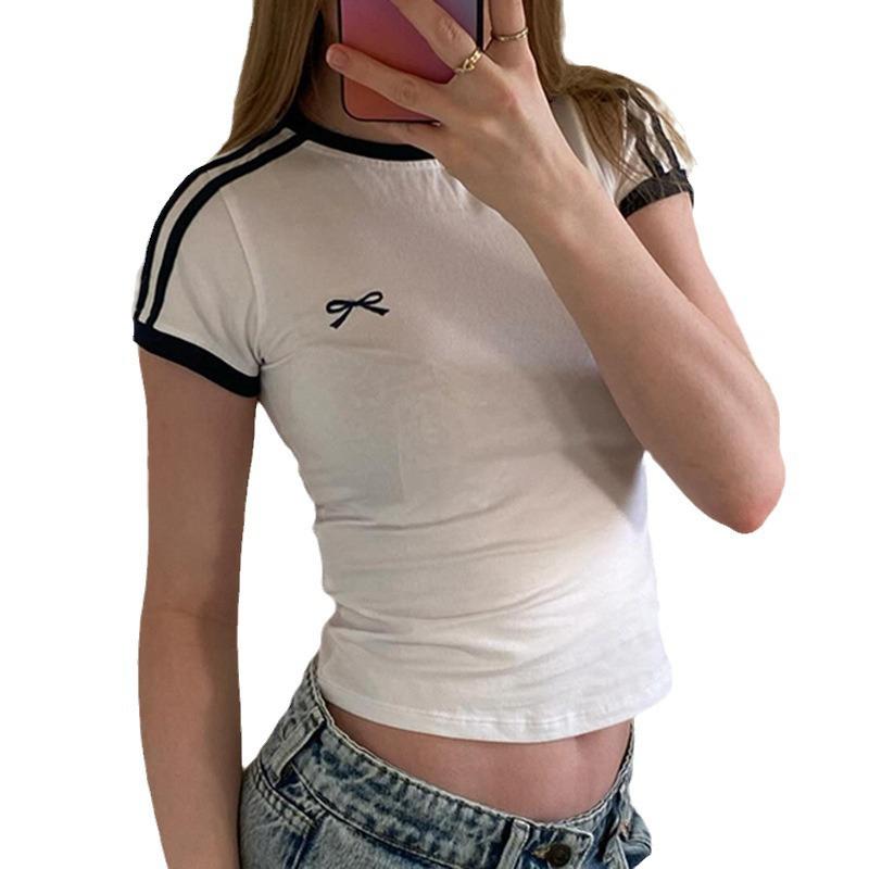 Контрастный вышитый топ-кроп с бантом Женские повседневные футболки с принтом в полоску, с коротким рукавом, облегающие, белые Футболки Повседневная уличная одежда y2k Футболки