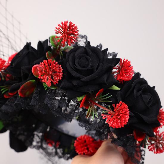 Yousheng Хэллоуин Роза Ободок для волос для женщин Готический Черное кружево Красная роза Повязки для волос Лолита Кружевной головной убор для маскарада Косплей вечеринки Волосы