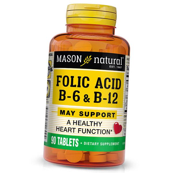 Фолиевая кислота, Витамины В6 и В12, Folic Acid B6 & B12, Mason Natural 90таб (36529045)