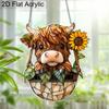 Acrylic Highland Cow with Sunflower Suncatcher Stained Glass Effect Window Hanging Ornament Farm Animal Lover Gifts