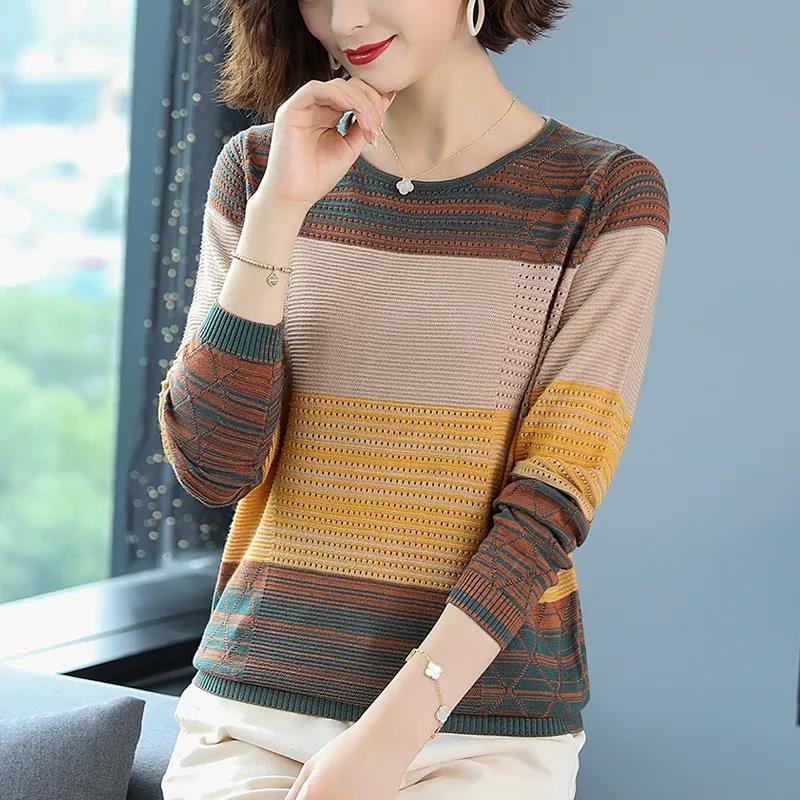 Striped Sweater Knitted Pullover Thin Round Neck Long Sleeves Women's Top Casual Undershirt Commute Spring Autumn