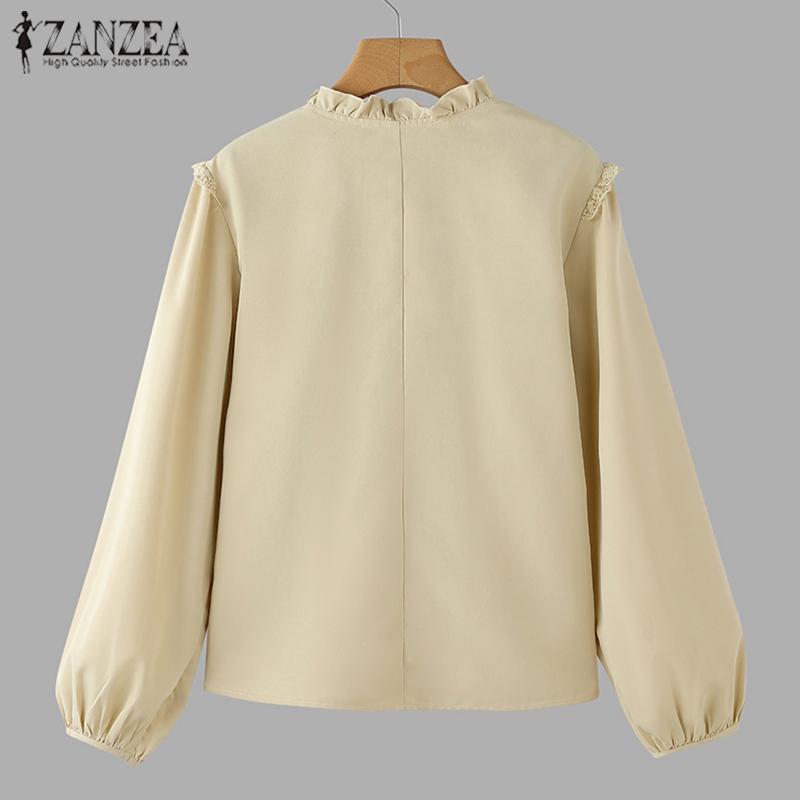 ZANZEA Женские винтажные кружевные блузки с круглым вырезом и длинным рукавом в полоску