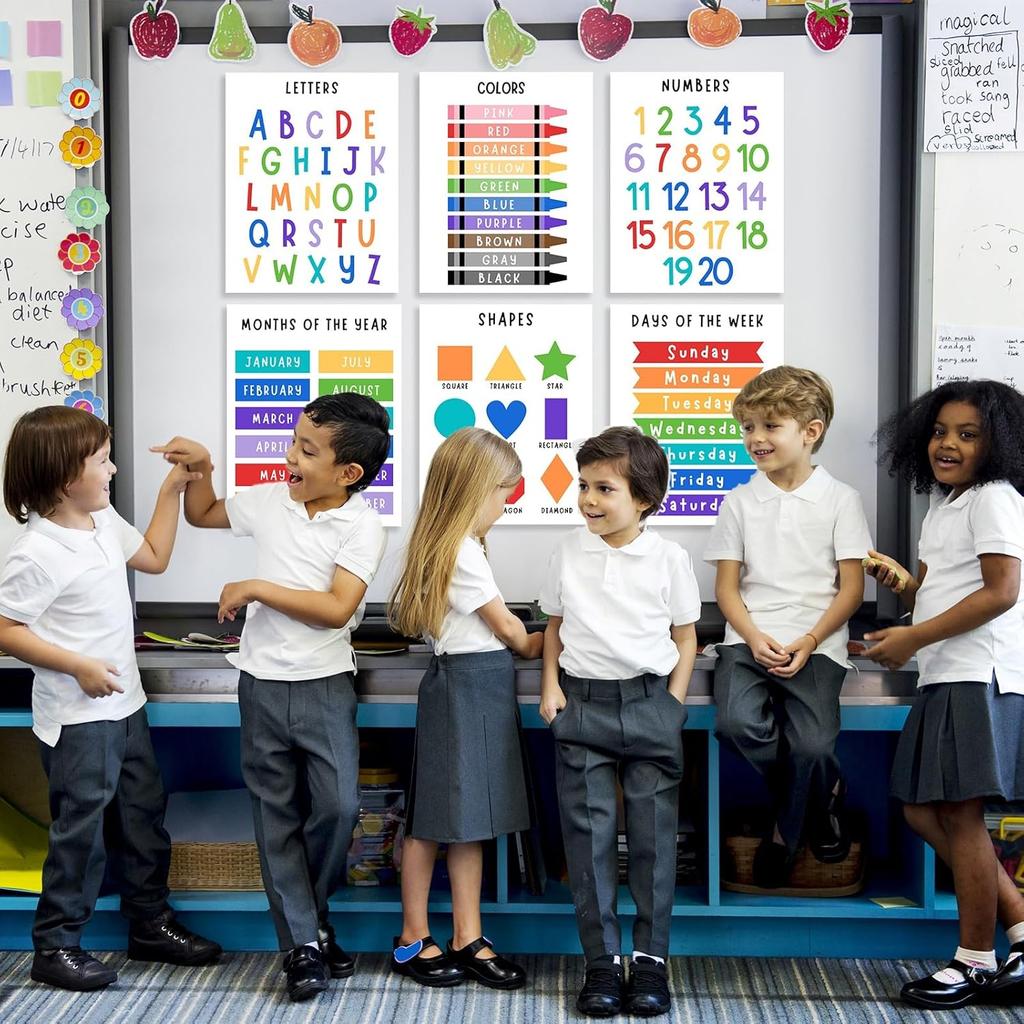 Образовательные плакаты для малышей и детей – 11"×14" Алфавит, Цифры, Цвета, Формы, Дни недели и Месяцы – Обучающие настенные диаграммы