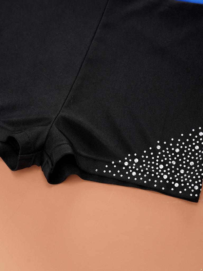 Танцевальный комбинезон для девочек контрастного цвета с открытой спиной и блестящими бриллиантовыми украшениями для соревнований