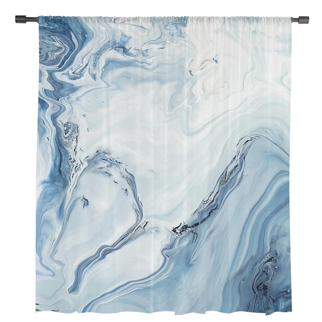 Marble Fluid Texture Blue Tulle Curtain For Living Room Bedroom Kitchen Decoration Window Voiles Tulle Curtain