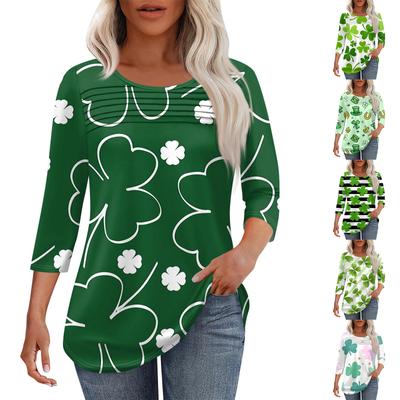 Женская мода круглый вырез шея плиссированная передняя планка однотонный топ рукав 3/4