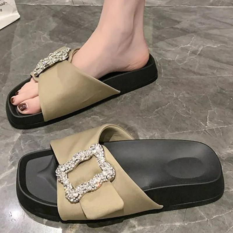 Модные женские тапочки с кристаллами и пряжкой, черные, хаки, бежевые, без застежек, модные шлепанцы, повседневные сандалии, удобные туфли со стразами