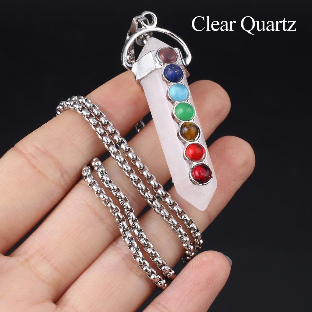 1 шт., Подвеска-кристалл для духовного исцеления, Геометрическая двусторонняя шестиугольная пирамида, Инкрустированная драгоценными камнями семи чакр, Шармы, Ожерелья для женщин и мужчин