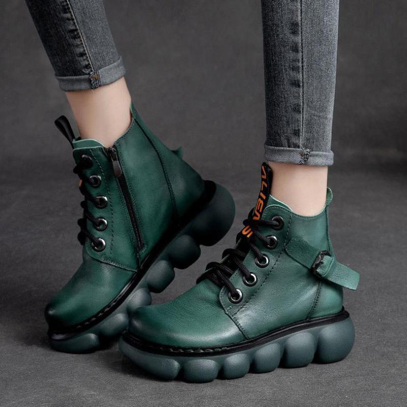 Johnature Обувь Женские ботинки Ретро Натуральная кожа Осень Зима Молния Круглый носок Лаконичные ботильоны ручной работы для отдыха