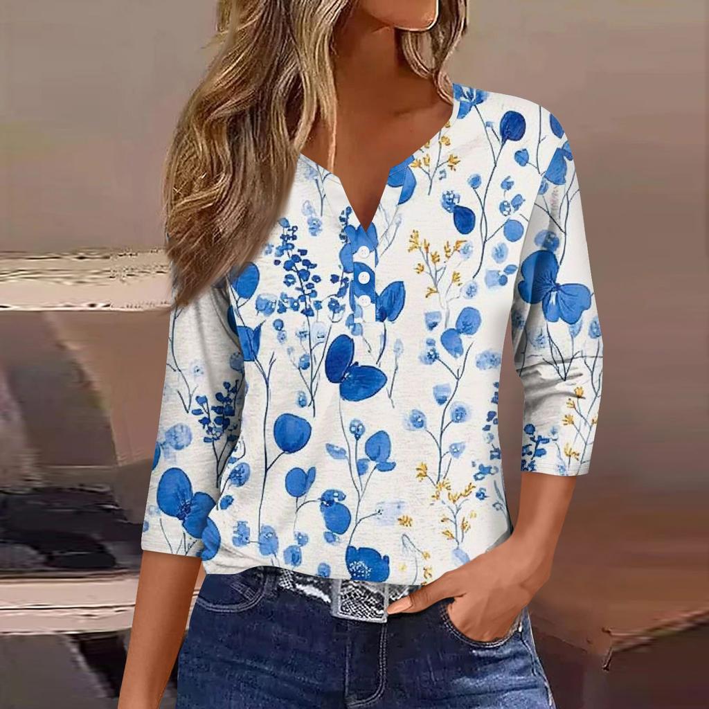 Женская модная повседневная футболка с цветочным принтом, V-образным вырезом, коротким рукавом, декоративными пуговицами и рукавом три четверти