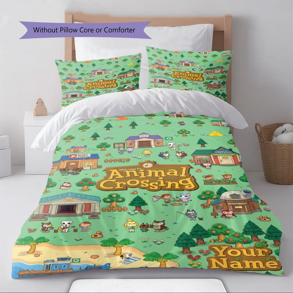 Name Custom Animal Crossing Anime Pattern Bedding Set Quilt Cover Pillowcase Home Decor Gift (1 * duvet cover + 2 * pillowcase, without core)