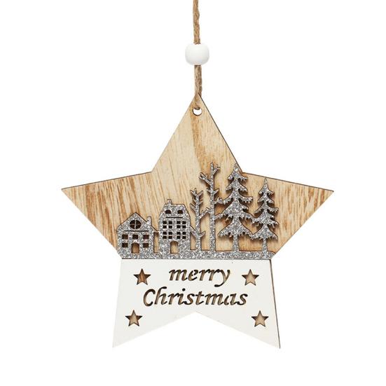 1/4Pcs Wooden Merry Christmas Ornament Farmhouse Rustic Xmas Tree Hanging Double Layer Splicing Love Heart Star Round Shape Holiday Decoration