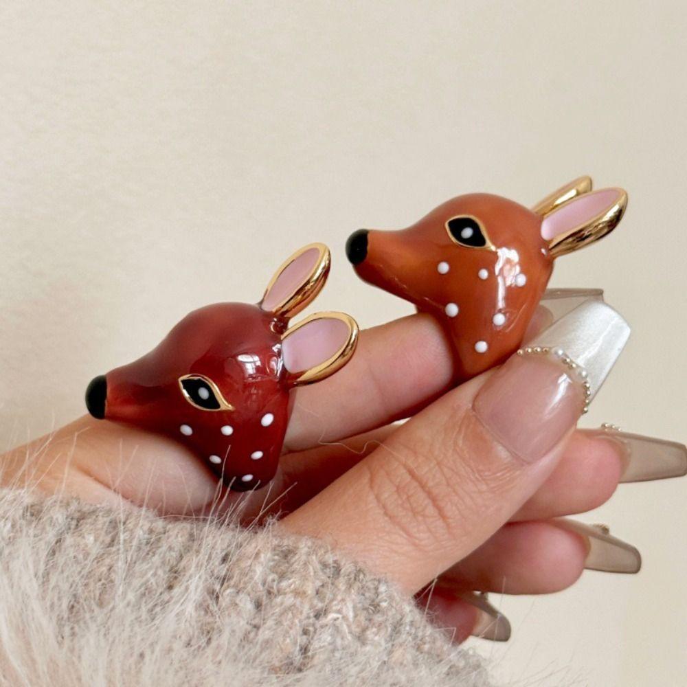 Geometric Enamel Ring Brown Chunky Animal Ring Lovely Deer Drip Oil Ring Gift