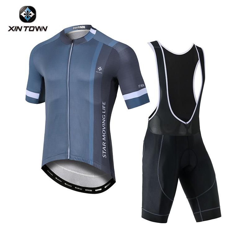 Mens Cycling Jersey Bib Shorts Set Breathable Quick-Dry Short Sleeve Bike Outfit Blue Engine Design