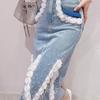 Fashionable 3D Flowers Denim Skirt for Women with High Waist and Beaded Tassels