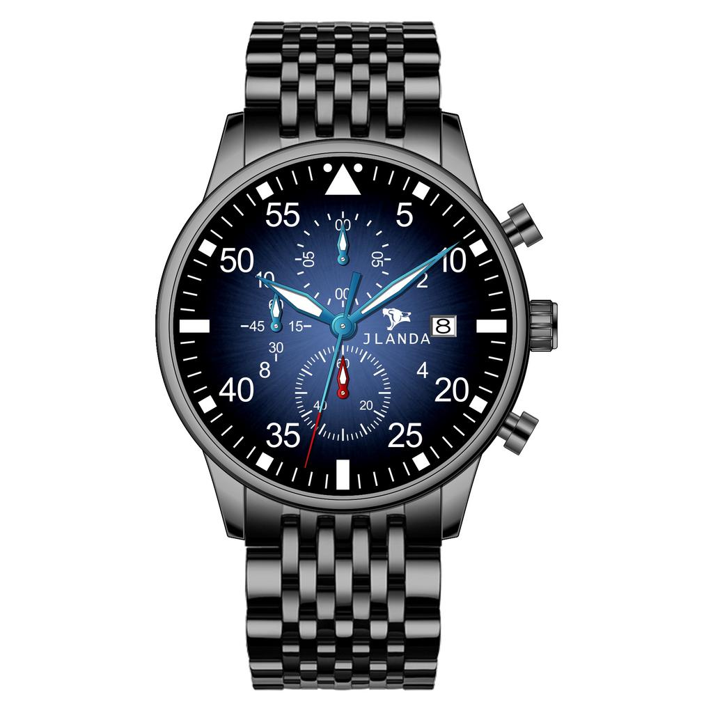 Fashion Mens Watch Multifunction Quartz Movement Stainless Steel Green Dial Luminous Wristwatch Wateproof
