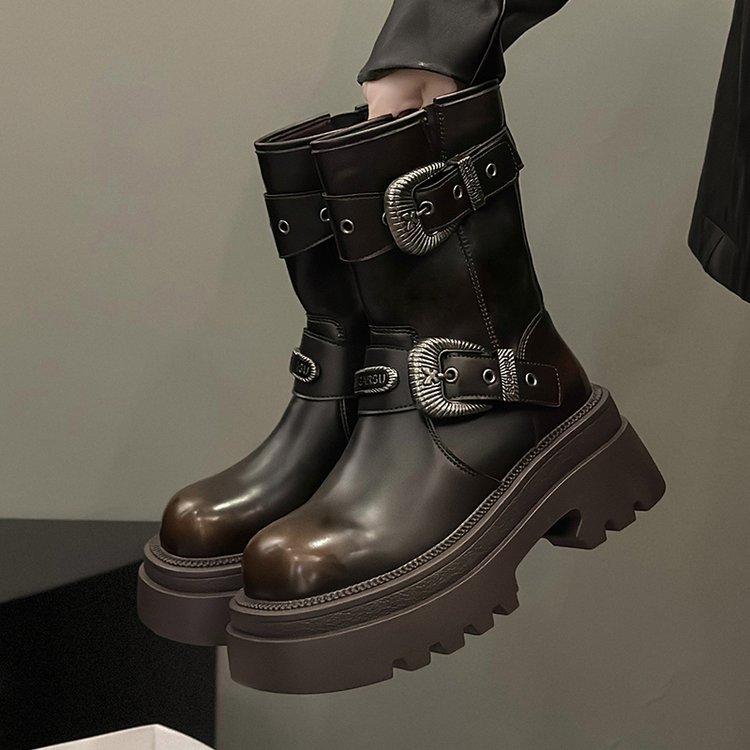 Зимние ботинки винтажные коричневые толстые каблуки толстая подошва женские модели осень Meilad увеличение высоты тонкие короткие ботинки