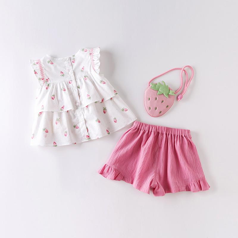 DBM14178 dave bella summer baby girls fashion fruit print ruched clothing sets kids cute sets children with small bag 3 pcs suit