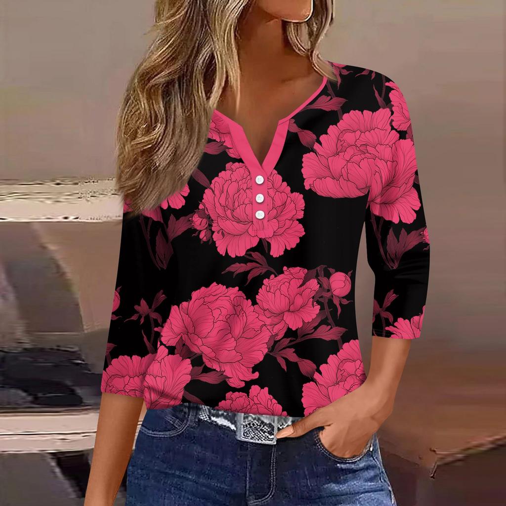 3/4 Length Sleeve Womens Tops Print Vintage Fashion Casual Loose With V Neck Plus Size Shirts Tops