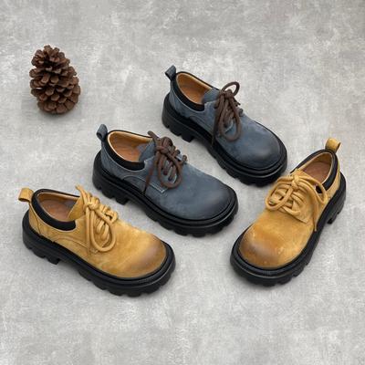 Новая ретро обувь, повседневная обувь на толстой подошве на шнуровке, из мягкой кожи, с круглым носком для женщин