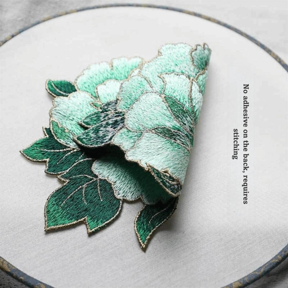 Chinese Style Peony Embroidery Patch Handmade Glue-free Applique Sew On Big Size Decorative Applique for Cheongsam Dress DIY