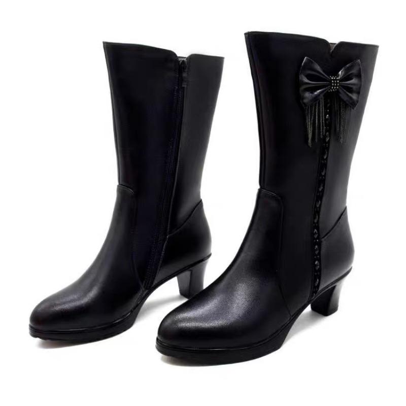 Ladies Shoes 2024 Side Zip Mid-Calf Women's Boots Keep Warm Modern Boots Women Bow Tie Fringe Round Toe Med Heel PU Shoes Women