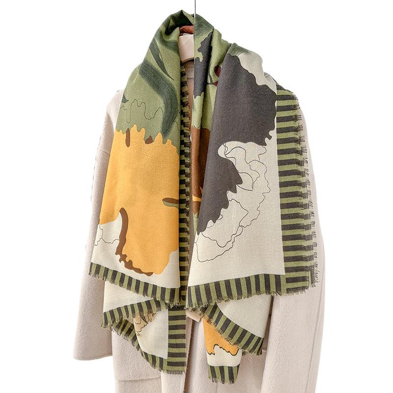 Trendy plant flower printing beard large square scarf niche fashion thin silk scarf