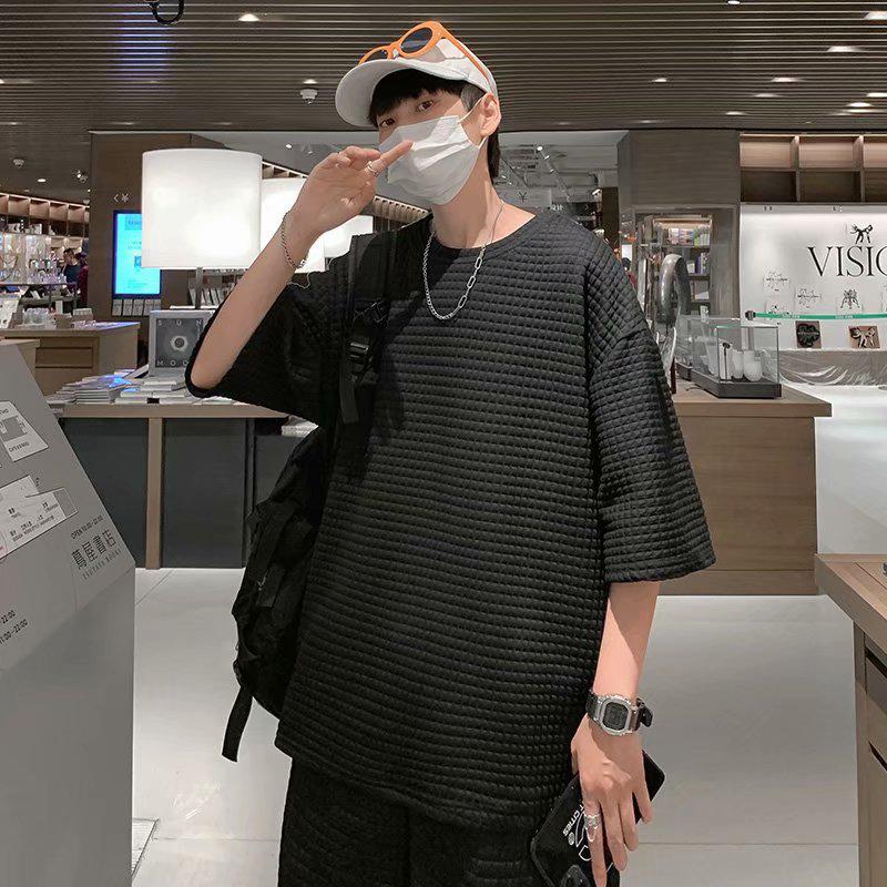 Мужской модный спортивный костюм из вафельной ткани с футболкой с короткими рукавами на лето