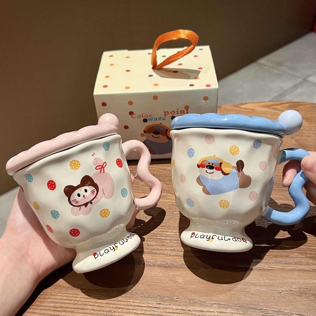 Кружка с крышкой для девочек «Высокая ценность груди Фуфу Милый котенок в горошек» Керамическая чашка Подарок на день рождения Сувенир
