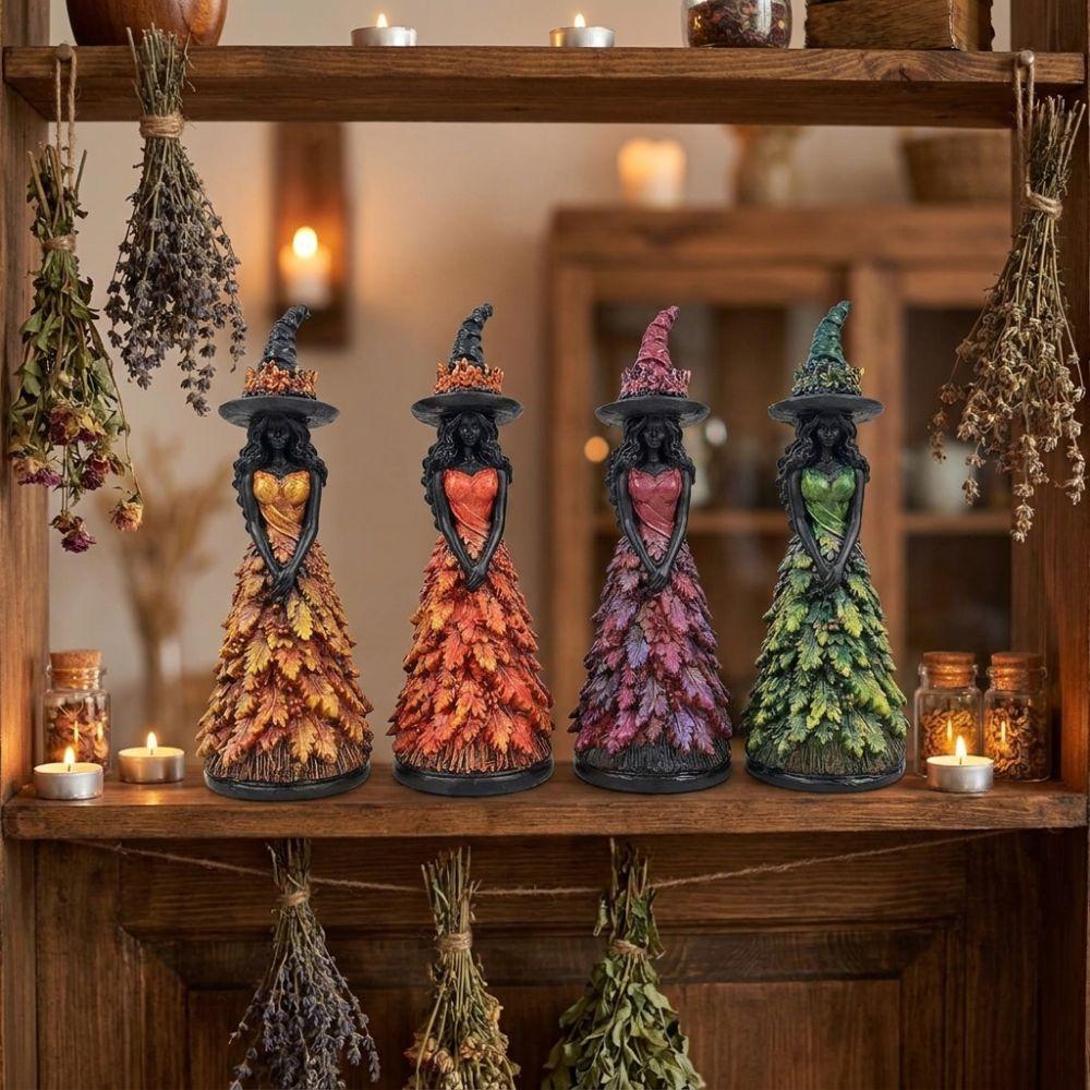 Rustic Autumn Witch Figurine Leaf Gown Forest Witch Table Decor Mantel Shelf
