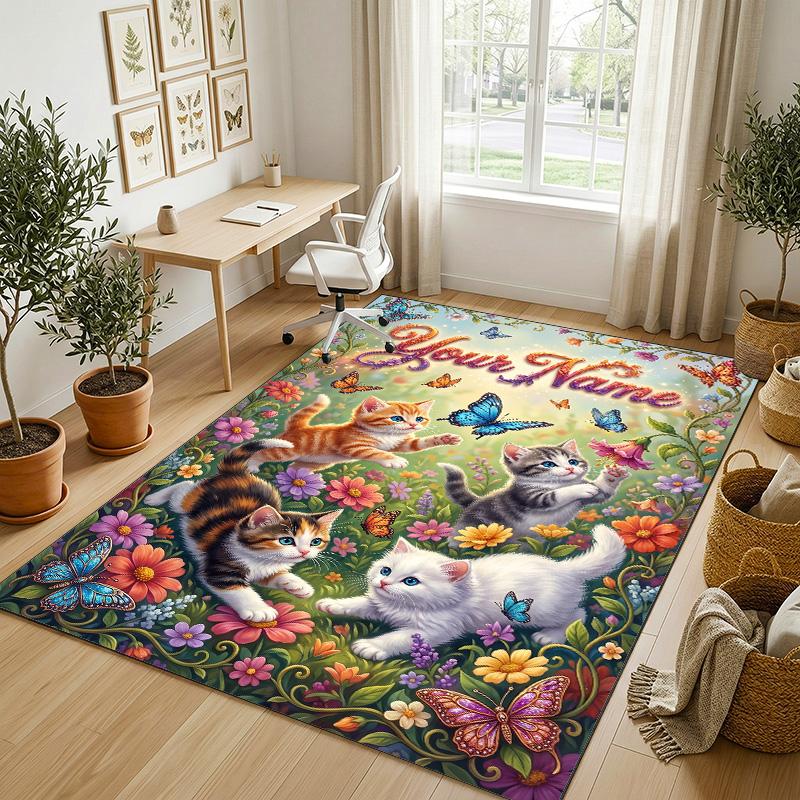 Cat Theme Crystal Velvet Rug Personalized Custom Name Text Soft Floor Mat Home Decor
