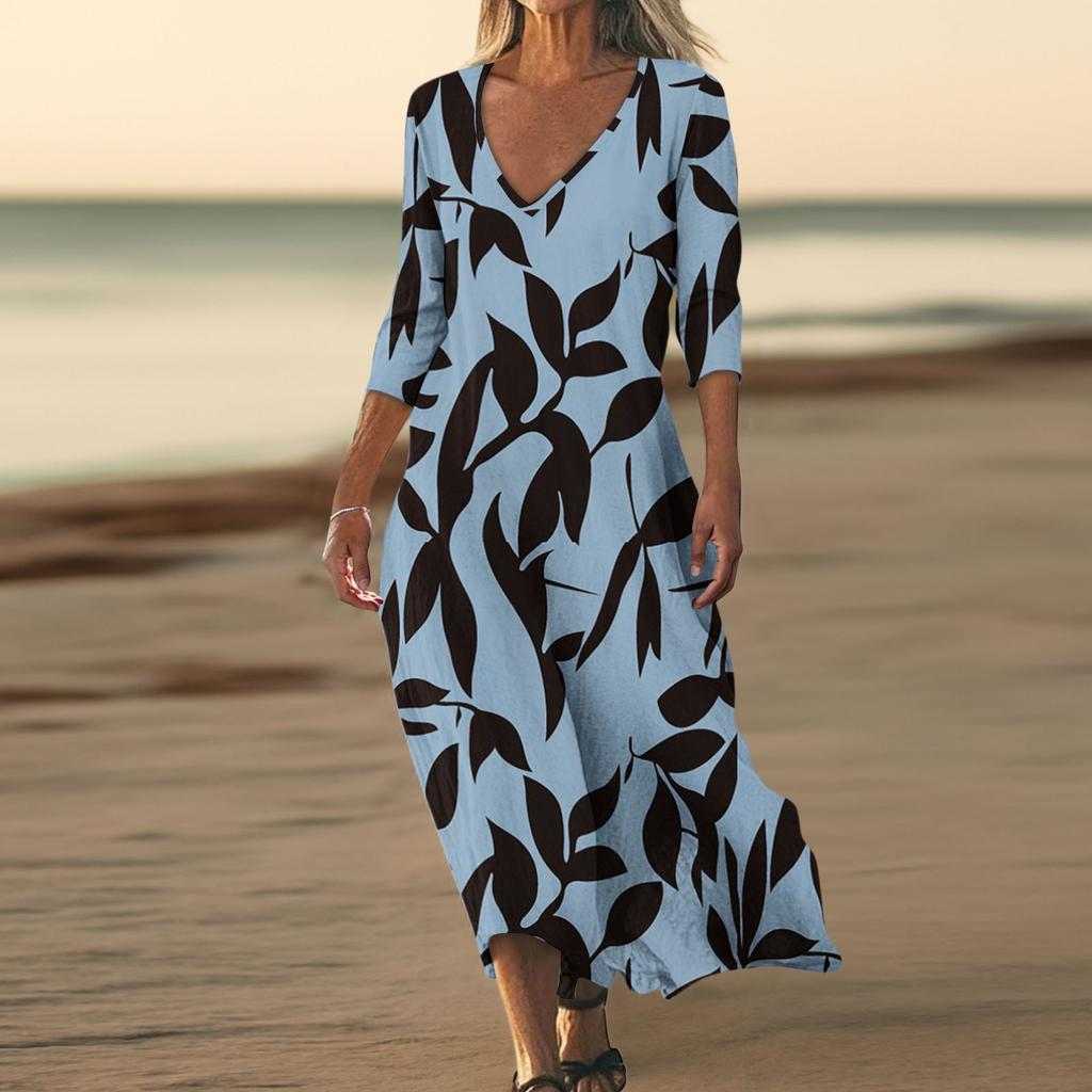 Платья для женщин Винтажный принт Туника с завышенной талией Миди-платье Летнее повседневное Платье с рукавом 3/4